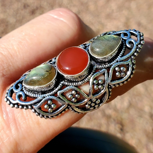 New Amazing Labradorite & Carnelian 925 Silver Ring. - Picture 4 of 12